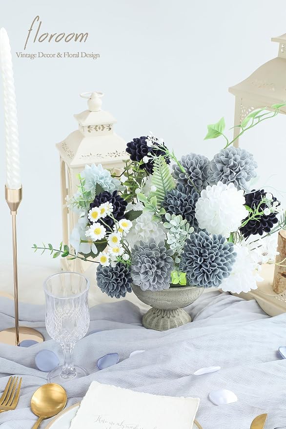 Floroom Artificial Dahlia Flowers 25pcs Real Looking Blue Shades Foam Fake Roses - Image 2