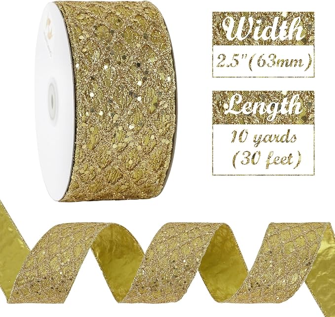 HUIHUANG Gold Glitter Wired Ribbon - Image 3