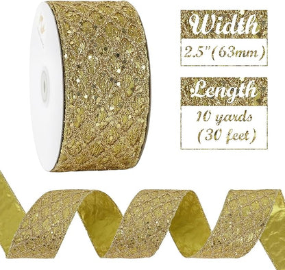 HUIHUANG Gold Glitter Wired Ribbon - Image 3