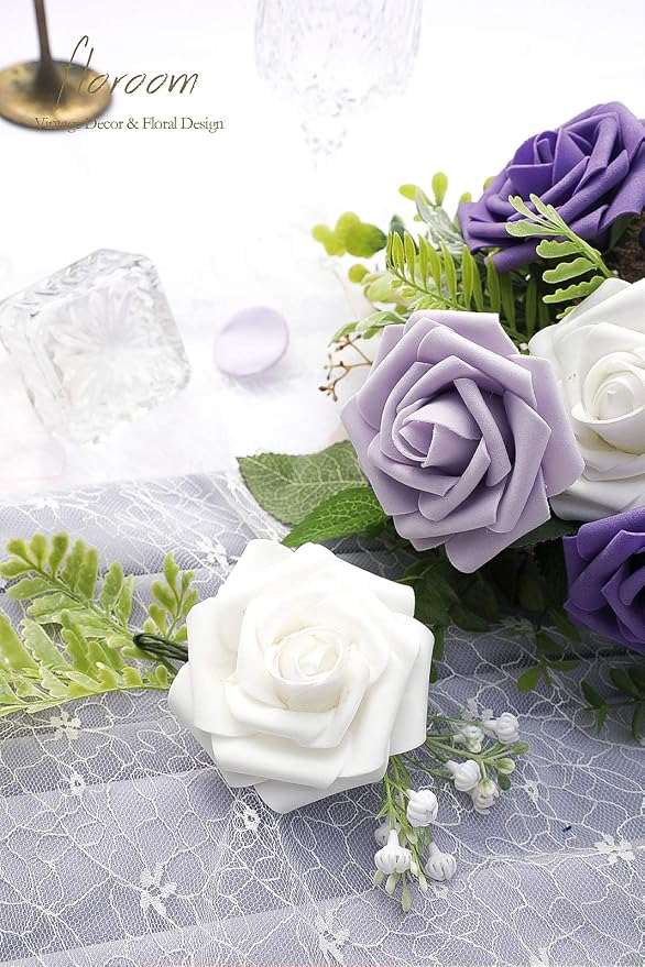Floroom Artificial Flowers 25pcs Real Looking Violet Purple Ombre Colors Foam - Image 6