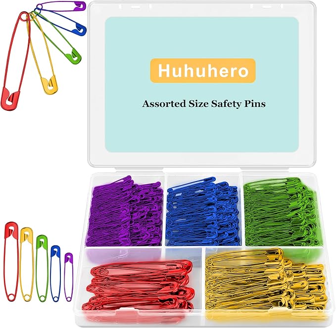 Safety Pins Assorted, 340 Pack 5 Different Sizes Small and Large Safety Pin by Huhuhero