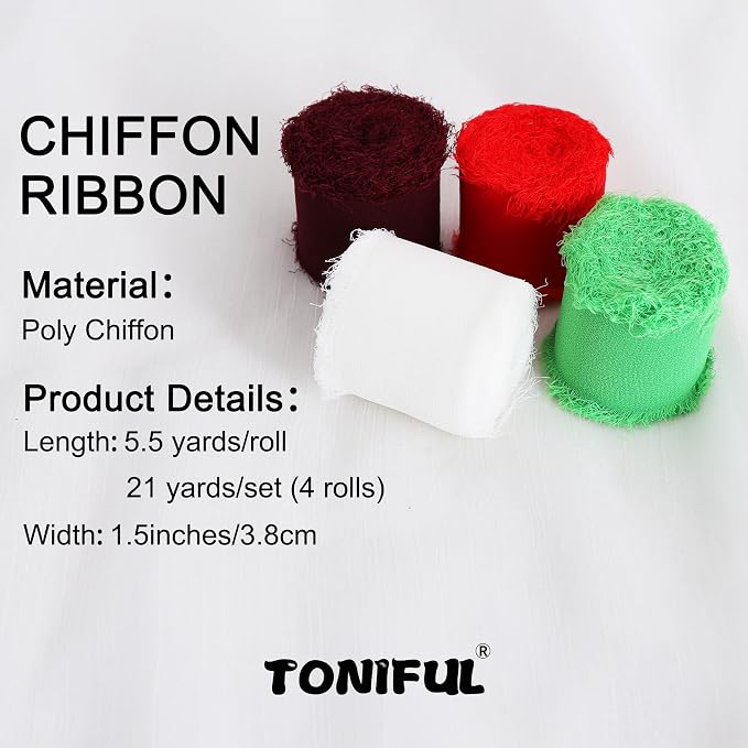 TONIFUL 4 Rolls Silk Chiffon Ribbon 1-1/2 Inch x 22 Yards, Bright Red and Green - Image 2