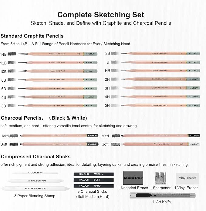 KALOUR 28 Pro Sketching Drawing Pencils Set – 14 Graphite Pencils, Charcoal - Image 3