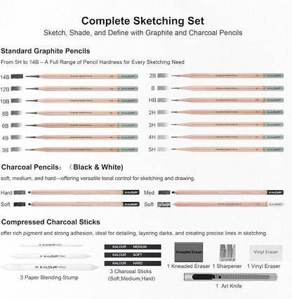 KALOUR 28 Pro Sketching Drawing Pencils Set – 14 Graphite Pencils, Charcoal - Image 3