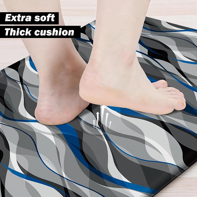 Kitchen Mats for Floor Modern Abstract kitchen rugs Grey and Blue Stripe Anti - Image 5