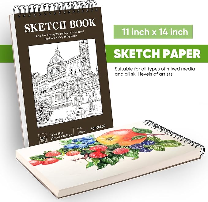 Soucolor 11" x 14" Large Sketchbook, 100 Sheets 68lb/100gsm Top Spiral Bound - Image 6