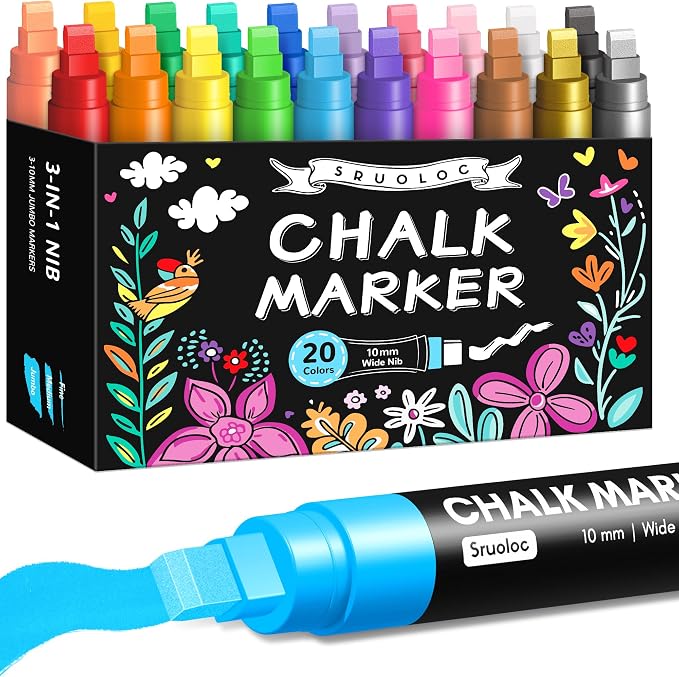 Window Chalk Markers for Glass Washable, 20 Colors Jumbo Liquid Chalk Marker by Sruoloc