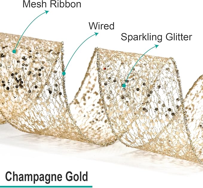CT CRAFT LLC Sparkling Glitter Mesh Wired Ribbon 4" x 10 Yards Champagne Gold - Image 3