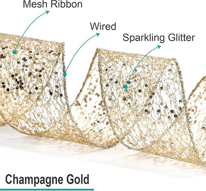 CT CRAFT LLC Sparkling Glitter Mesh Wired Ribbon 4" x 10 Yards Champagne Gold - Image 3
