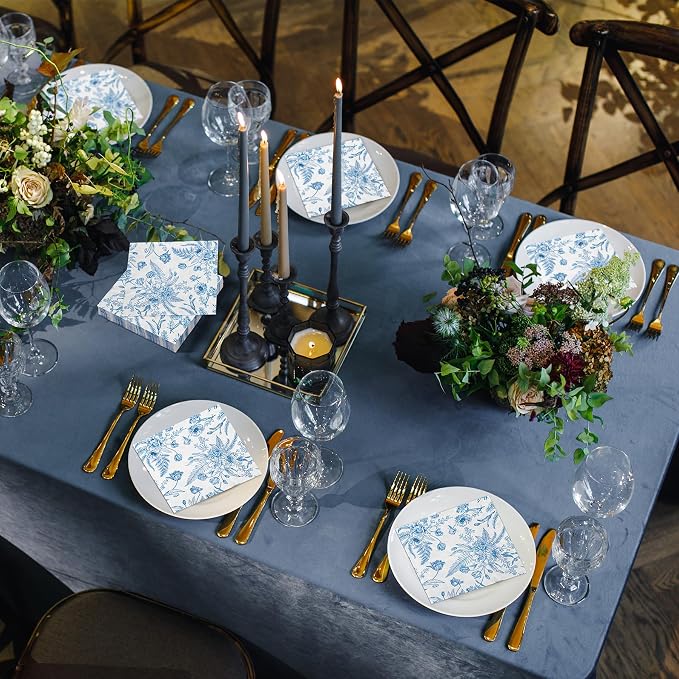 Aodaer 48 Pieces Floral Paper Napkins Disposable Blue Floral Napkins Blue and - Image 5