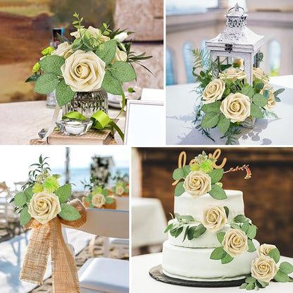 AmyHomie 25pcs Real Looking Artificial Beige Roses w/Stem - Image 3
