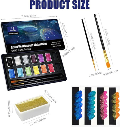 Shimmer Watercolor Paint Set, 12 Colors Glitter Metallic Watercolour Painting - Image 2