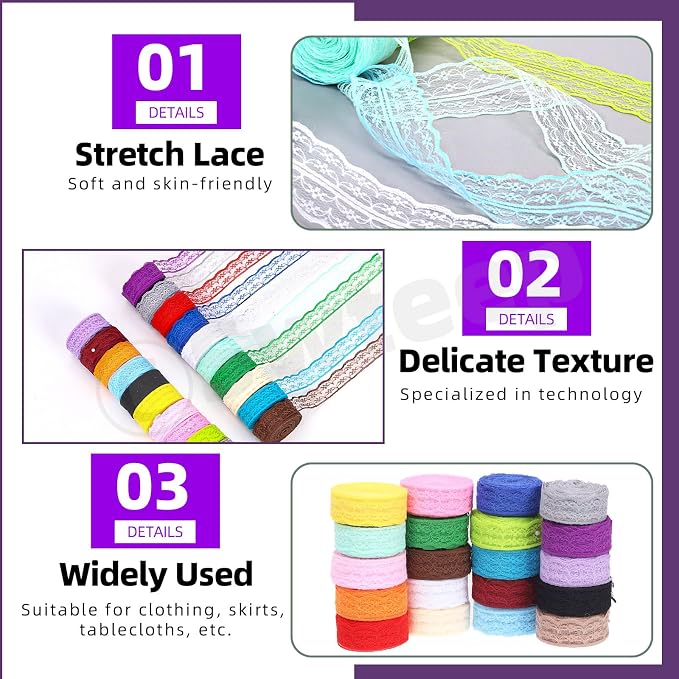 Swpeet 20 Rolls in Total 200 Yards 2.2cm×10 Yards Colorful Lace Ribbon - Image 5