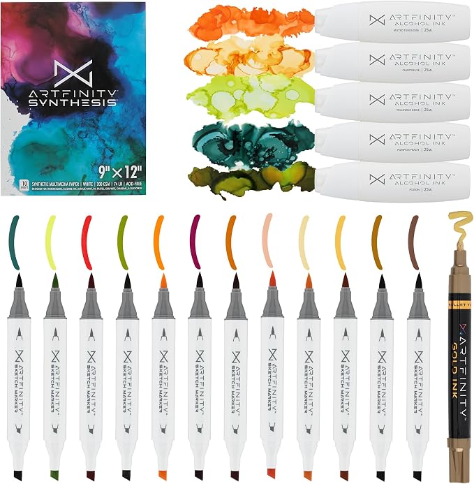 Alcohol Ink - Peaches Set, 19 Pieces | 10 Sheets 9x12 Multimedia Paper | by Artfinity