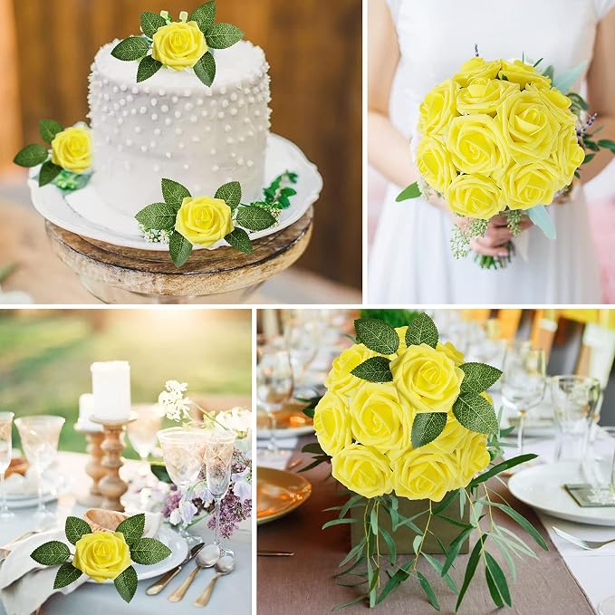 AmyHomie Artificial Flower Yellow Rose 25pcs Real Looking Fake Roses w/Stem - Image 5