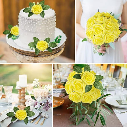 AmyHomie Artificial Flower Yellow Rose 25pcs Real Looking Fake Roses w/Stem - Image 5