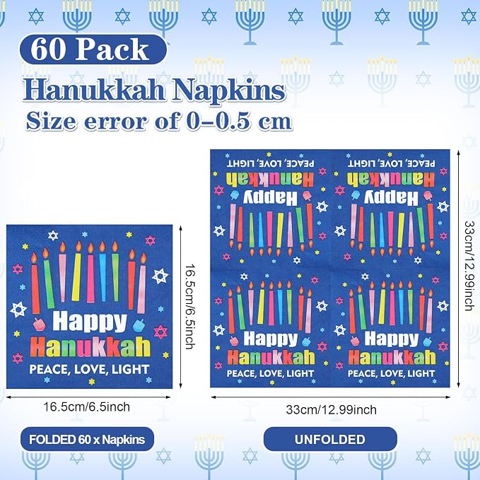 60 Pcs Happy Hanukkah Cocktail Paper Napkins 6.5 x 6.5 Inches Disposable Paper - Image 2
