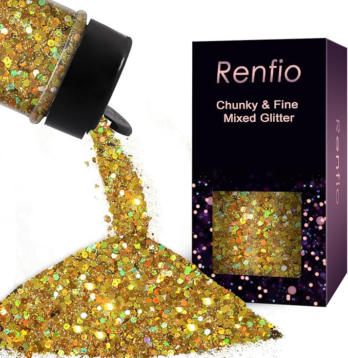 Renfio Holographic Glitter, 2.11oz/60g Medium Size Chunky Mix, Ultra Fine Gold by Renfio