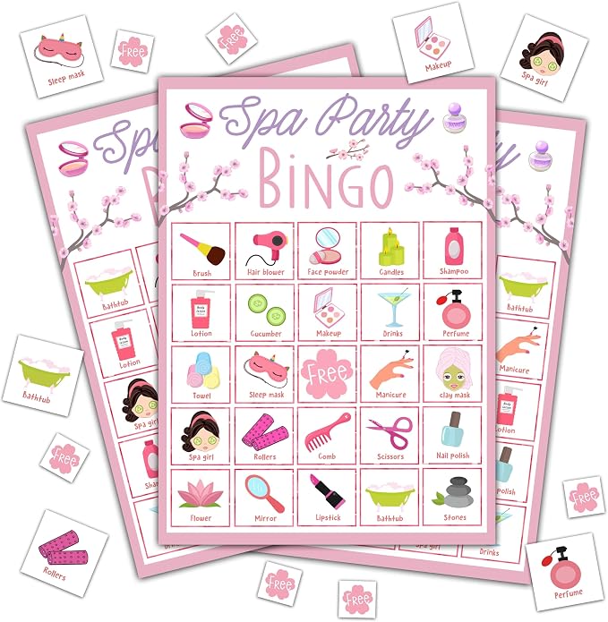 Spa Bingo Game, Sleep Over Party Games Bingo Cards by Disfuco