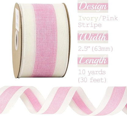 MEEDEE Pink White Stripe Wired Burlap Ribbon - Image 2