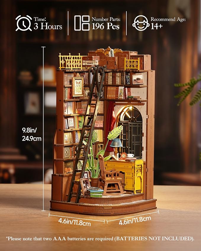 ROBOTIME Book Nook Kit, DIY Miniature House Kit, 3D Wooden Puzzle Bookends - Image 4