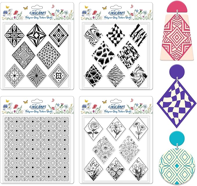 CHGCRAFT 4 Pcs Rhombus Pattern Polymer Clay Texture Sheets Abstract Art by chgcraft