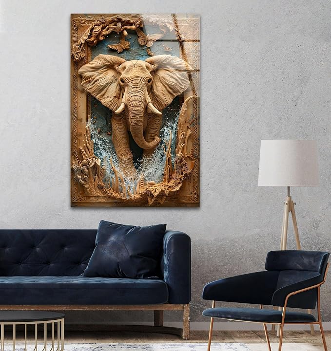 My Photostation.com 18Wx28H'' Elephant Carving Glass Wall Art Tempered Glass - Image 3