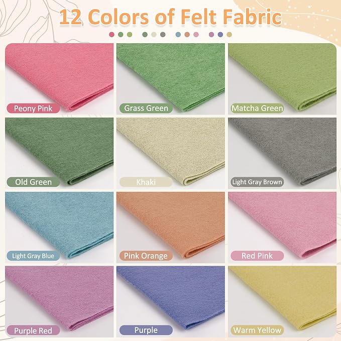 XSEINO 12 Rolls 8"x35" 1.4mm Thick Soft Felt Fabric Sheet 12 Assorted Morandi - Image 2