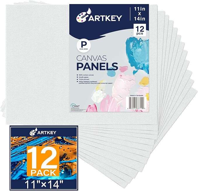 Canvas Panels 11x14 Inch 12-Pack, 10 oz Primed 100% Cotton Canvases by Artkey