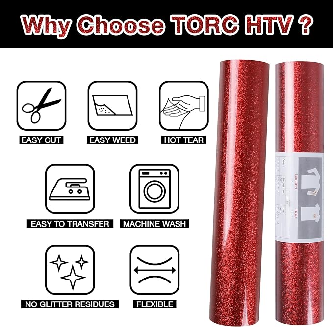 TORC Red Glitter HTV Heat Transfer Vinyl Roll 12 inch x 20 ft Iron on Vinyl - Image 4