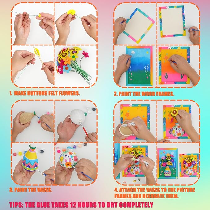 Crafts Gift for Girls, DIY 3D Felt Flowers Wooden Vase Picture Frame Painting - Image 4