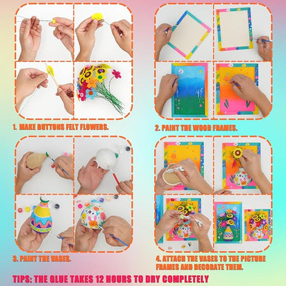 Crafts Gift for Girls, DIY 3D Felt Flowers Wooden Vase Picture Frame Painting - Image 4