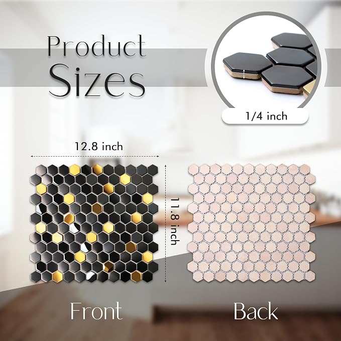 Blujellyfish Black and Gold Backsplash Wall Tiles Hexagon Mosaic Shower Floor - Image 4
