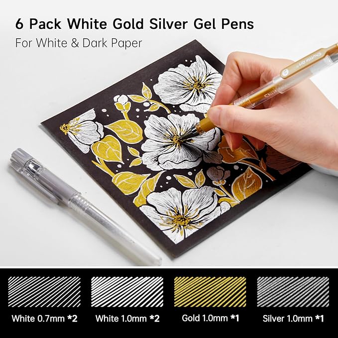 Shuttle Art White Gold Silver Gel Pens, 6 Pack 0.7mm, 1.0mm Metallic Gel Ink - Image 2