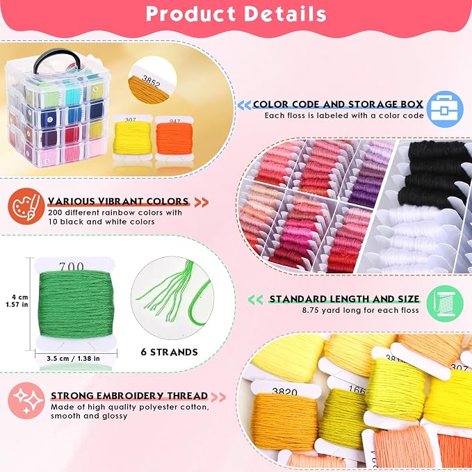 PAXCOO 276 Pack Embroidery Floss Thread Kit Including 210 Colors Cross Stitch - Image 4