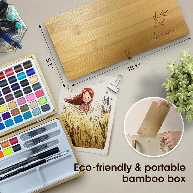 Watercolor Paint Set, 100 Colors in Nature Bamboo Box, Portable Water Colors Kit - Image 2