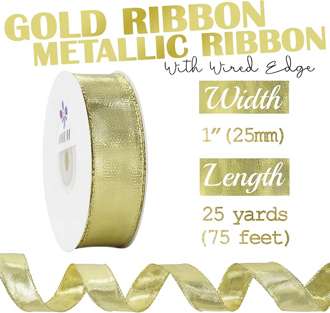 MEEDEE Gold Wired Woven Metallic Ribbon - Image 2