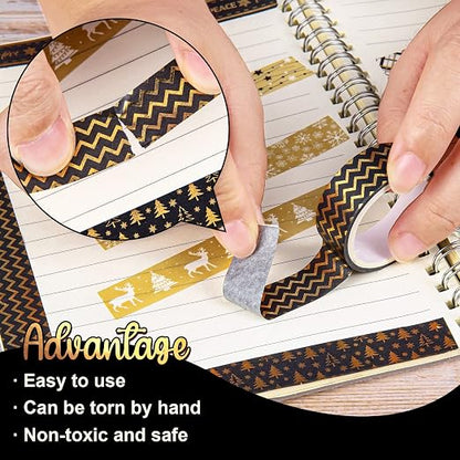 Whaline 12 Rolls Christmas Washi Tape Black Gold Xmas Washi Masking Tape Foil - Image 3