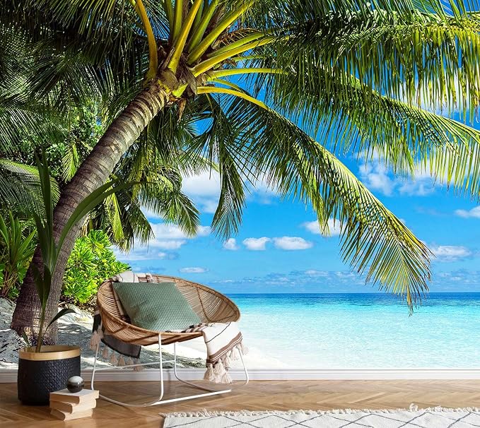 AFZEVEB-Beach Wall Mural Tropical Palm Tree Landscape Wallpaper - Image 2