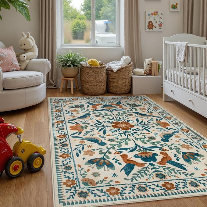 Morebes Floral Washable 5x7 Nursery Rug, Boho Insect Living Room Rug Non Slip by Morebes