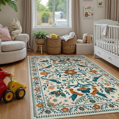 Morebes Floral Washable 5x7 Nursery Rug, Boho Insect Living Room Rug Non Slip by Morebes