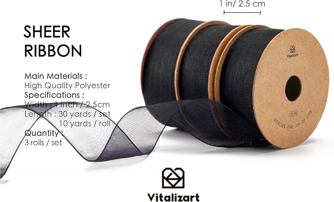 Vitalizart Black Ribbon Organza Sheer Ribbon 1 inch x 30Yd Handmade Fabric - Image 2