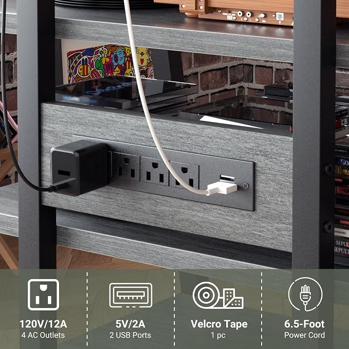 AV Media Stand with Outlets, Stereo Stands and Racks with Vinyl Storage - Image 4