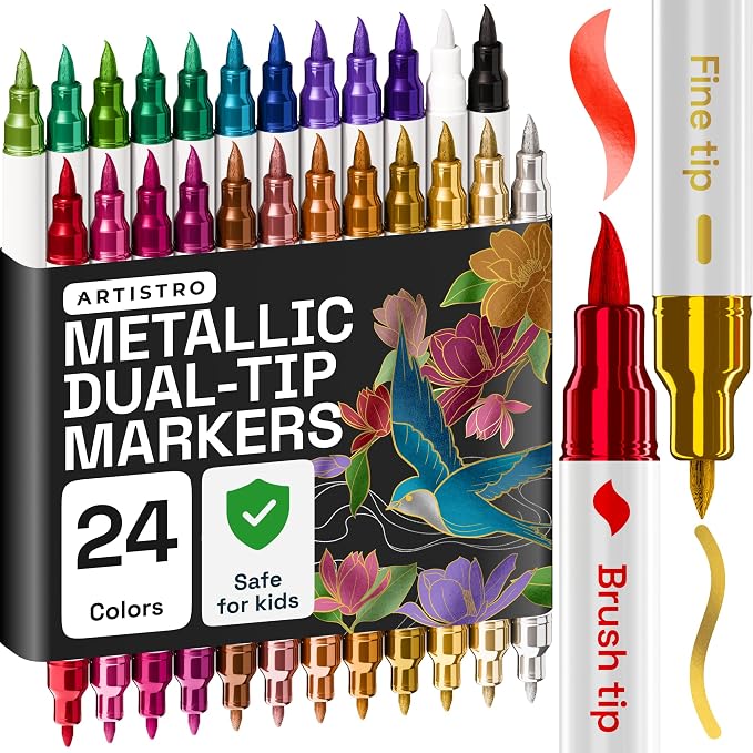 ARTISTRO 24 Metallic Dual Tip Brush + Fine Acrylic Paint Markers by ARTISTRO