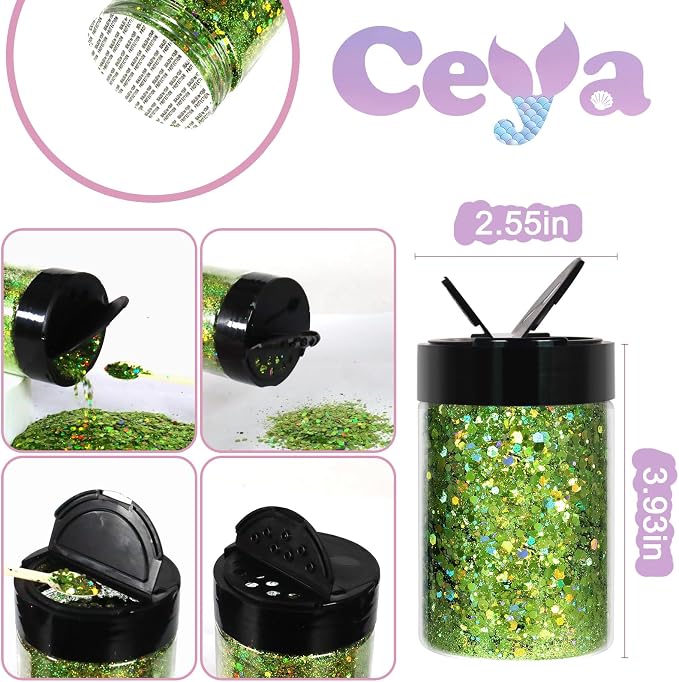 Ceya Holographic Chunky Glitter, 4.9oz/ 140g Light Green Craft Glitter Powder - Image 4