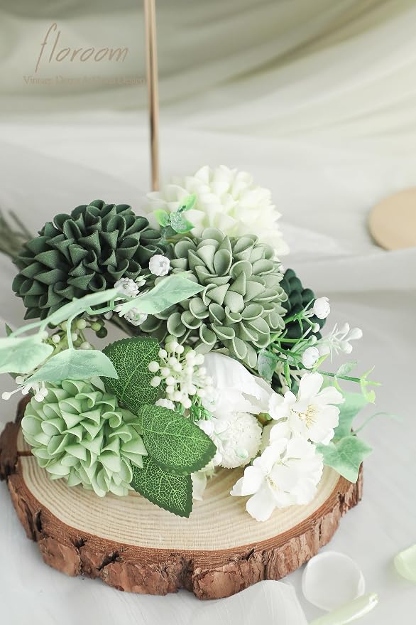 Floroom Artificial Dahlia Flowers 25pcs Real Looking Forest Green Shades Foam - Image 4