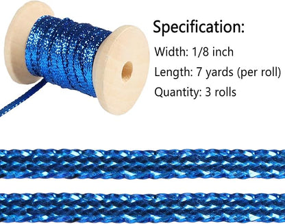 Royal Blue Gold Thin Ribbon 1/8 inch Metallic Braided Double Faced Ribbons - Image 2