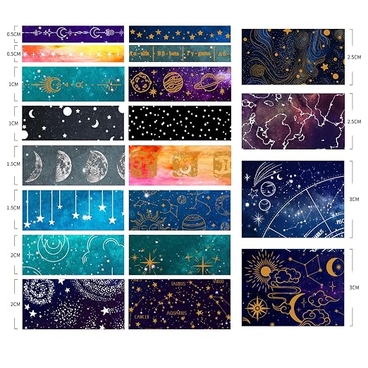 20 Rolls Galaxy Washi Tape Set Stars Arts Adhesive Tapes Gold Silver Foil - Image 9