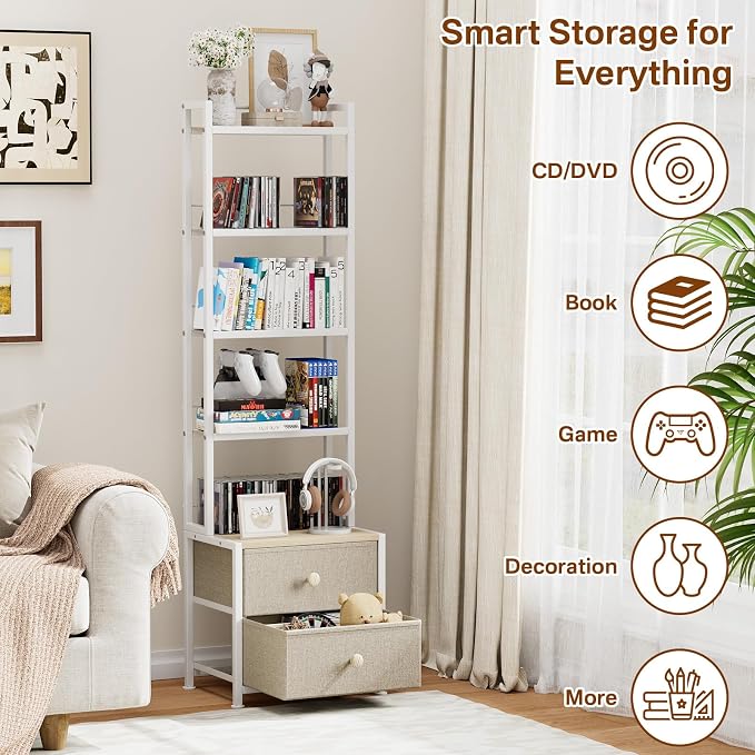 CD Storage Rack with Drawer, 5-Tier DVD Organizer Shelf w/Adjustable Book - Image 4
