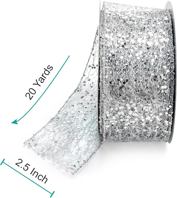 CT CRAFT LLC Sparkling Glitter Mesh Wired Ribbon 2.5" x 20 Yards Silver - Image 2